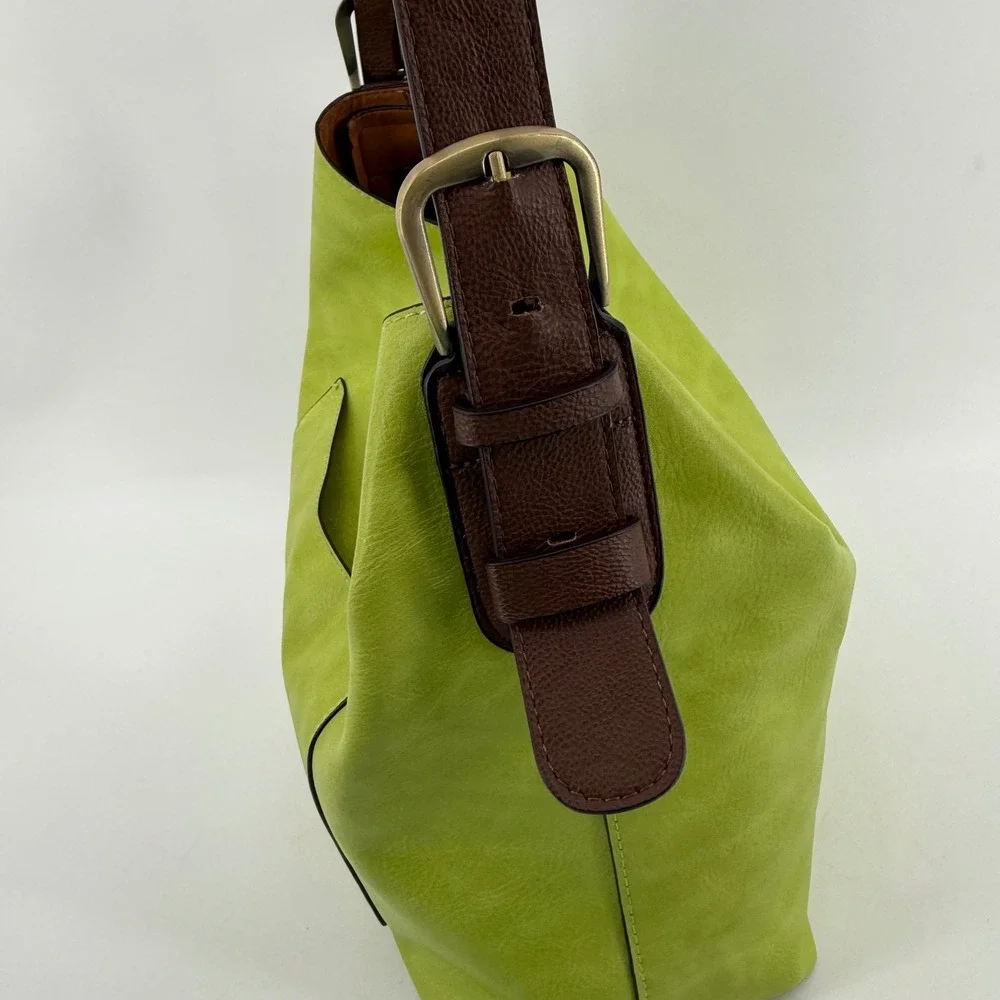 Lime Green Faux Leather Hobo Bag Brown Adjustable Buckle Strap Shoulder Tote